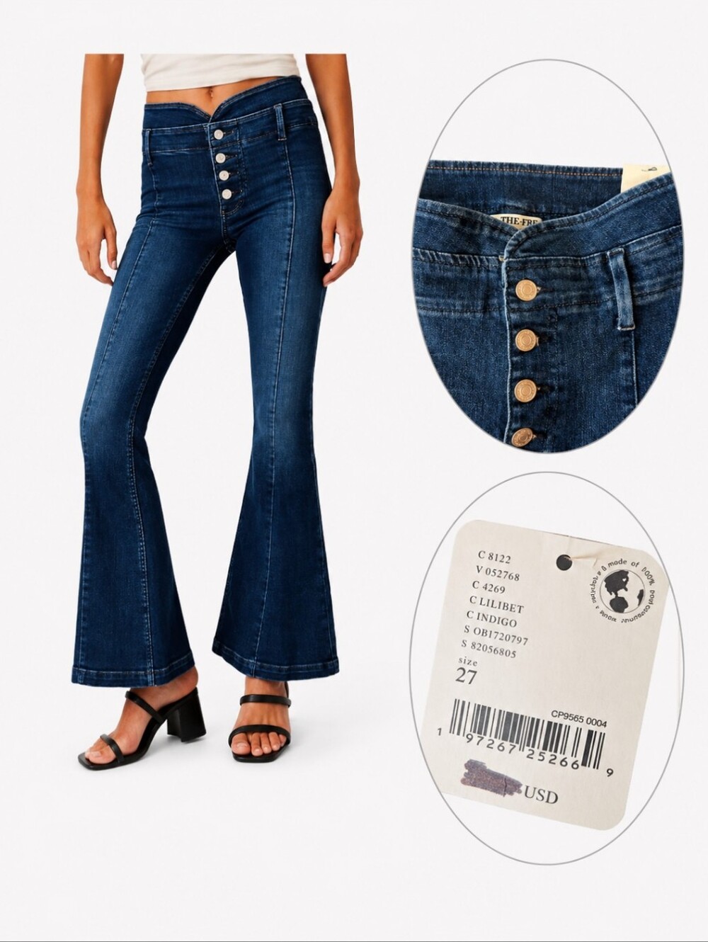 Free People After Dark Mid Rise Flare exposed fly front denim jeans NWT W27 L33
